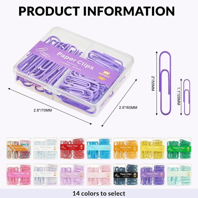 NEEWAY Colorful Paper Clips Assorted Sizes, Small and Large Paperclips, 210 Count, 3 Pack of 70 (Purple) - Image 2